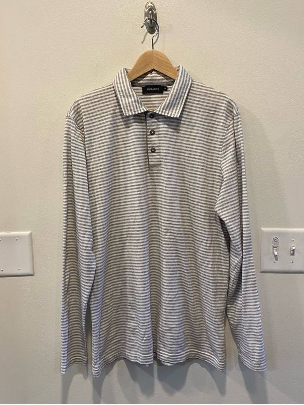 Bugatchi Gray and White Striped Long-Sleeve Polo